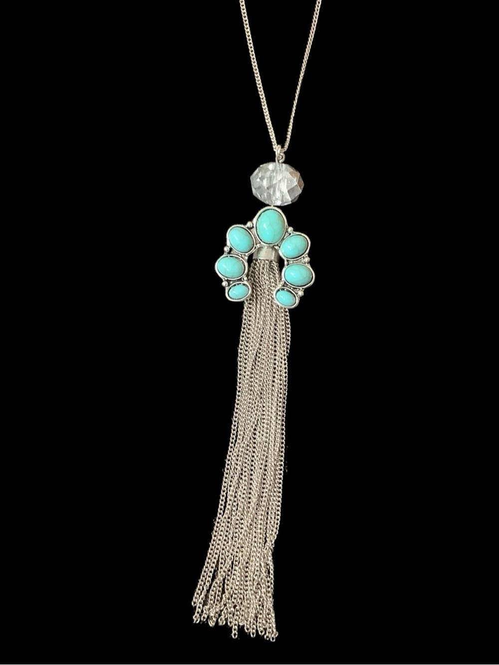 Boho western chic tasseled Silver and Turquoise Pendant Necklace. Long chain